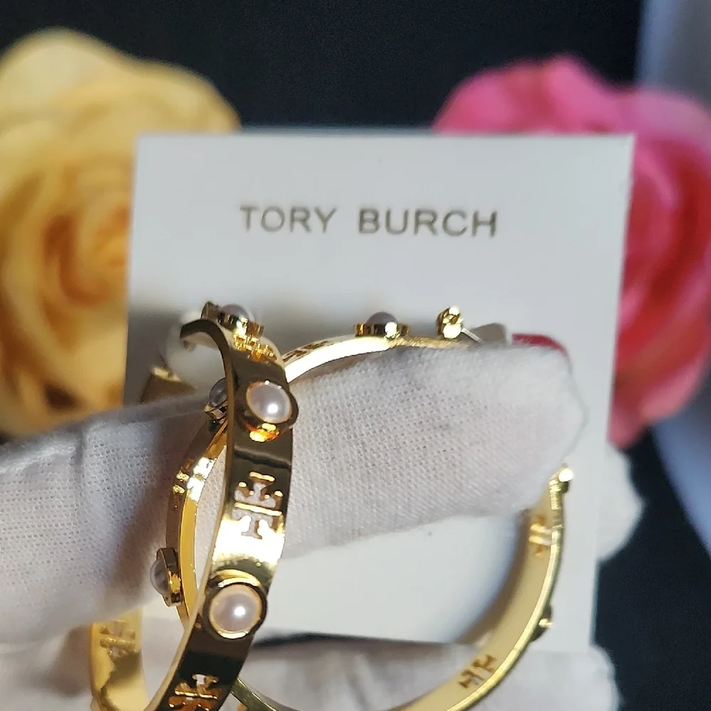 Tory Burch Gold Hoops with Pearl Accents - Picture 4 of 10